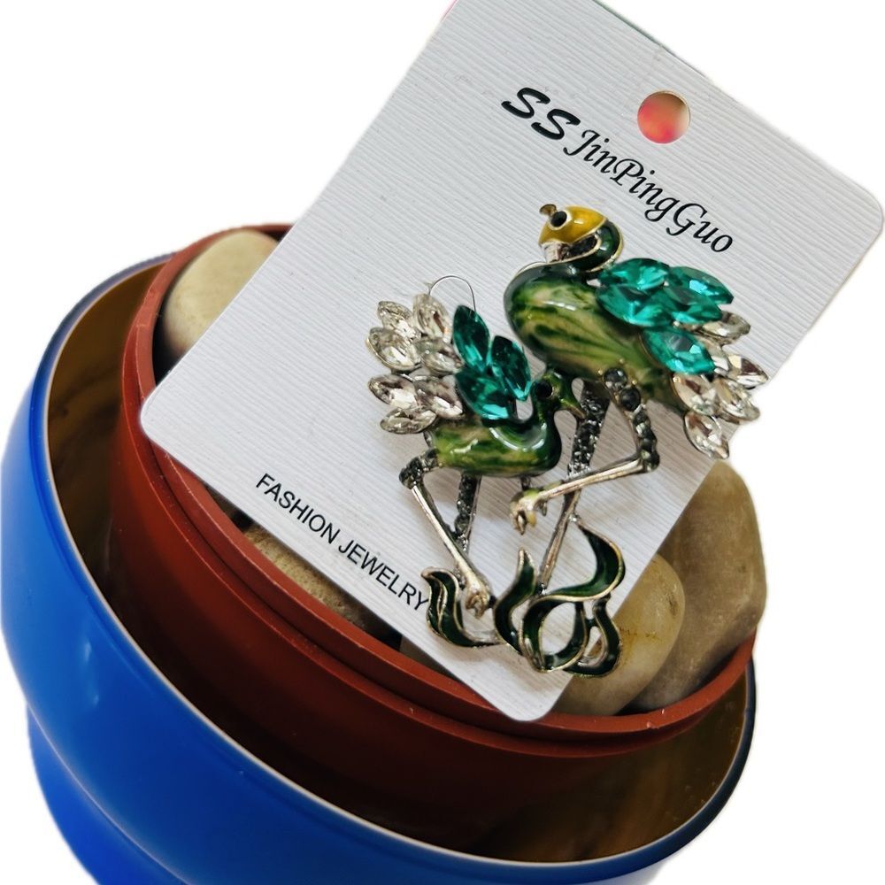 Green Crystal Colorful Teal Accents Enamel Flamingo Bird Fashion Brooch